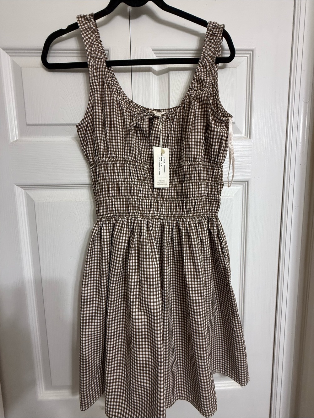 Smocked Gingham Mini Dress in Brown and White